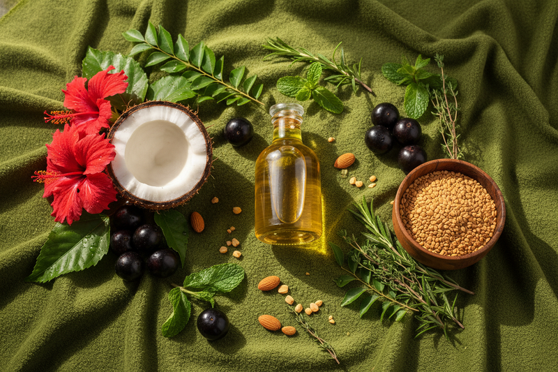 green background with natural hair oil ingredient